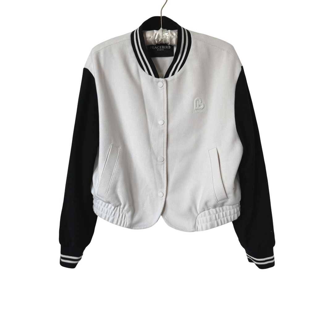 Peacebird Women Varsity Bomber Jacket Black White Striped Trim Size small